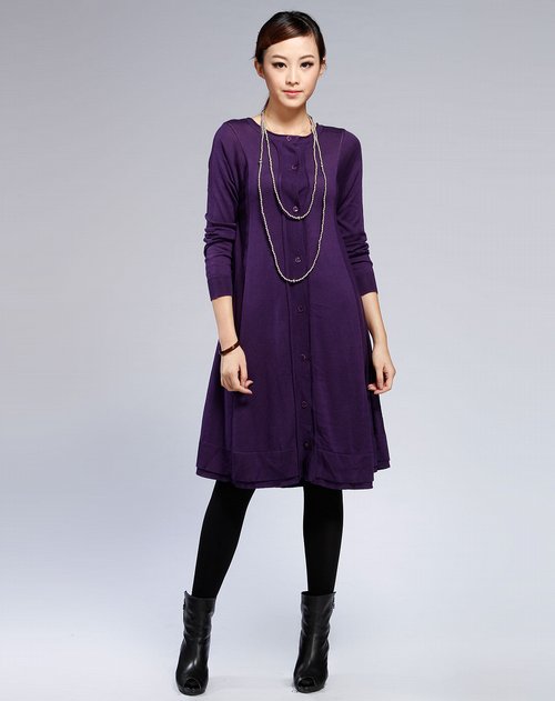 朗姿LANCY女款紫色针织长款连衣裙 价格,朗姿