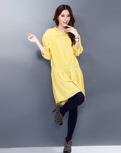 卓可黄色花纹个性长袖连衣裙价格,卓可黄色花