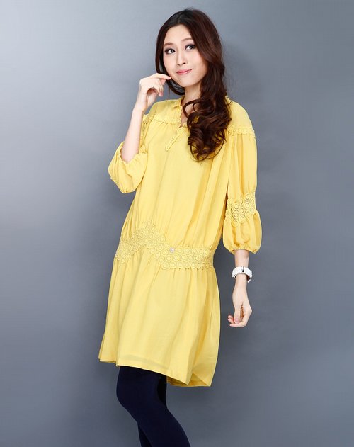 卓可黄色花纹个性长袖连衣裙价格,卓可黄色花