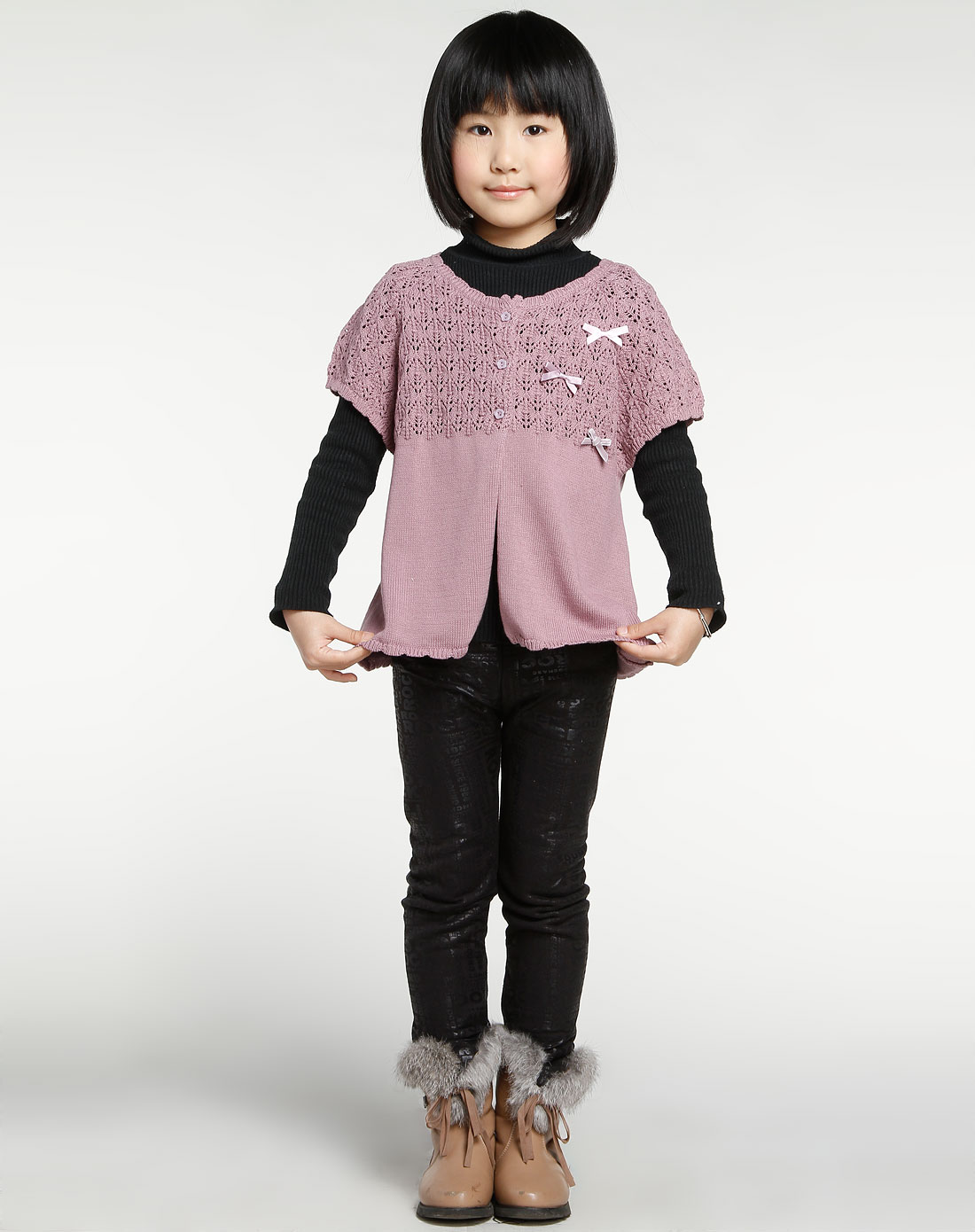 品牌-10--夜场女童暗紫色短袖毛衣外套BW11W