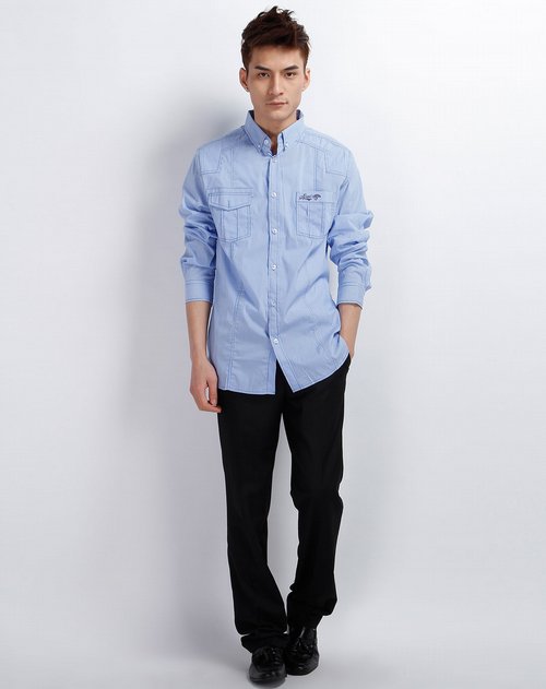 欧莱诺olomo-男装专场蓝\/白色细条纹长袖衬衫