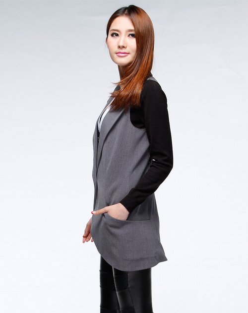WD·NY女款灰色率真<em>西装领长款马甲</em>_唯品会