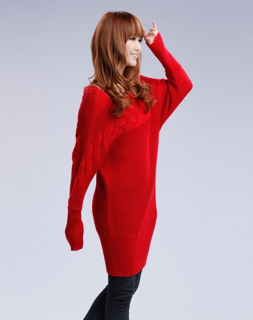 艾金诺USS AZINO-大红色织花长袖<em>长版毛衣</em>_