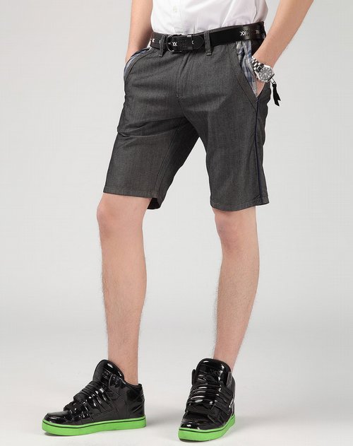 8男装gxg.1978 黑灰色格纹相拼休闲牛仔<em>短裤</em>_