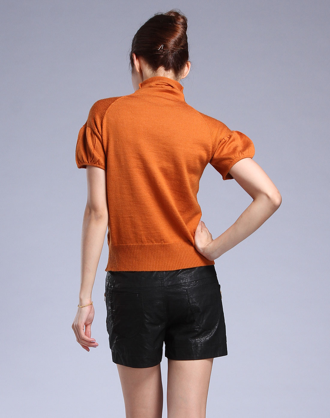 lanvin深橘色烫钻高领短袖毛衣