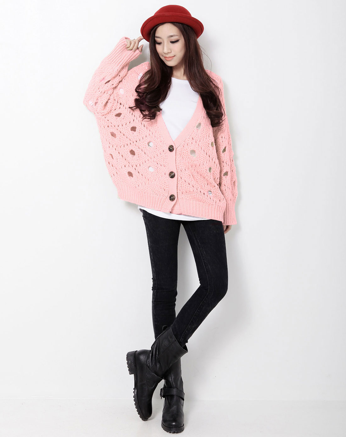 <em>韩都衣舍</em>HSTYLE粉色镂空蝙蝠<em>开衫针织衫</em>HO