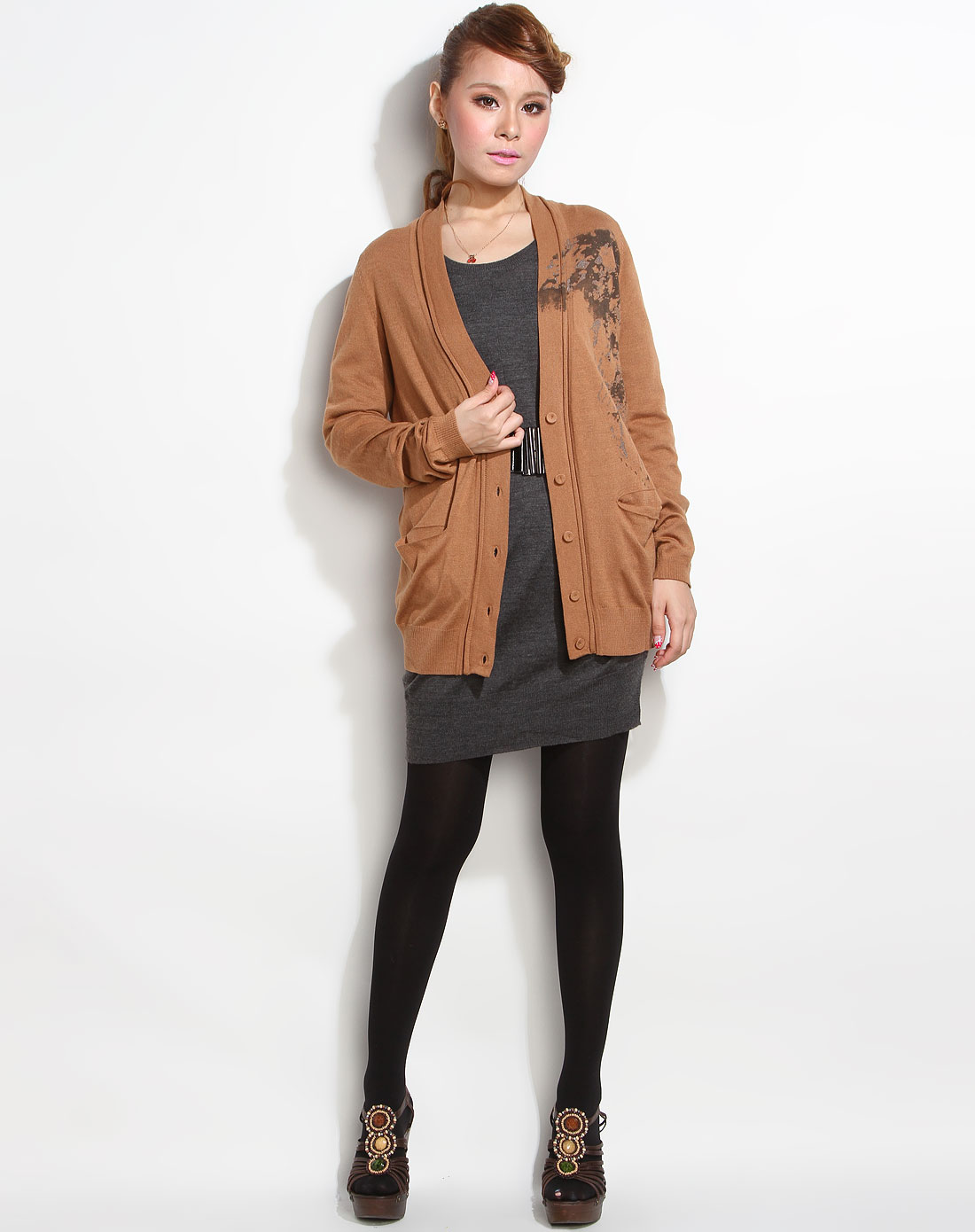 emely驼色<em>提花</em>长袖<em>针织开衫</em>5111302436-57_