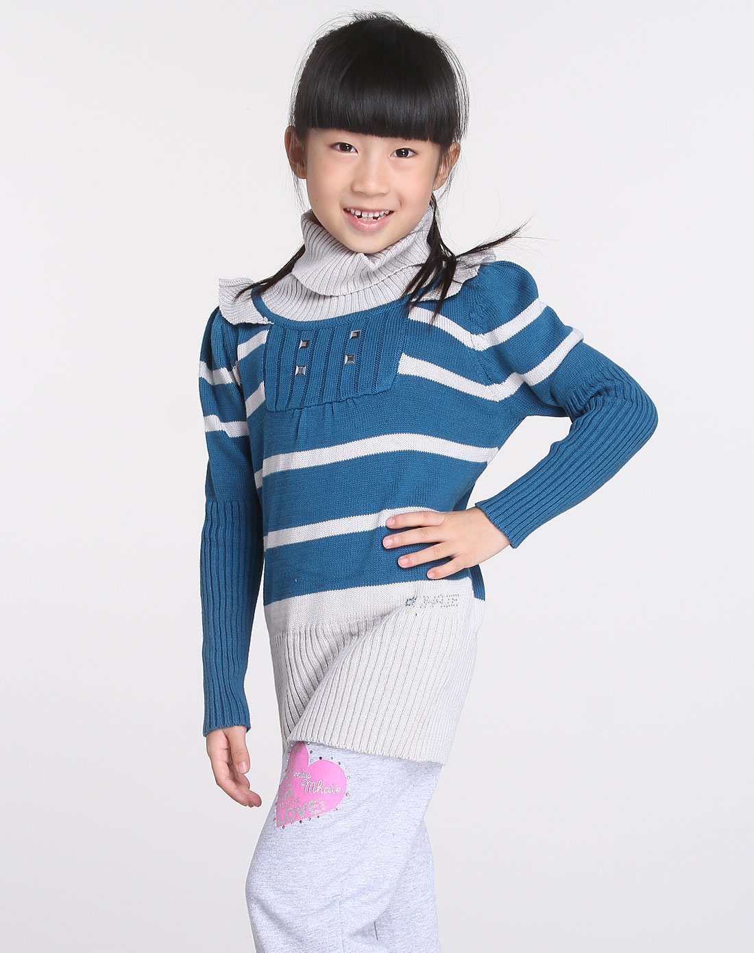 美孩儿M-haie男女童<em>女童</em>孔雀蓝色<em>条纹高领</em>长袖