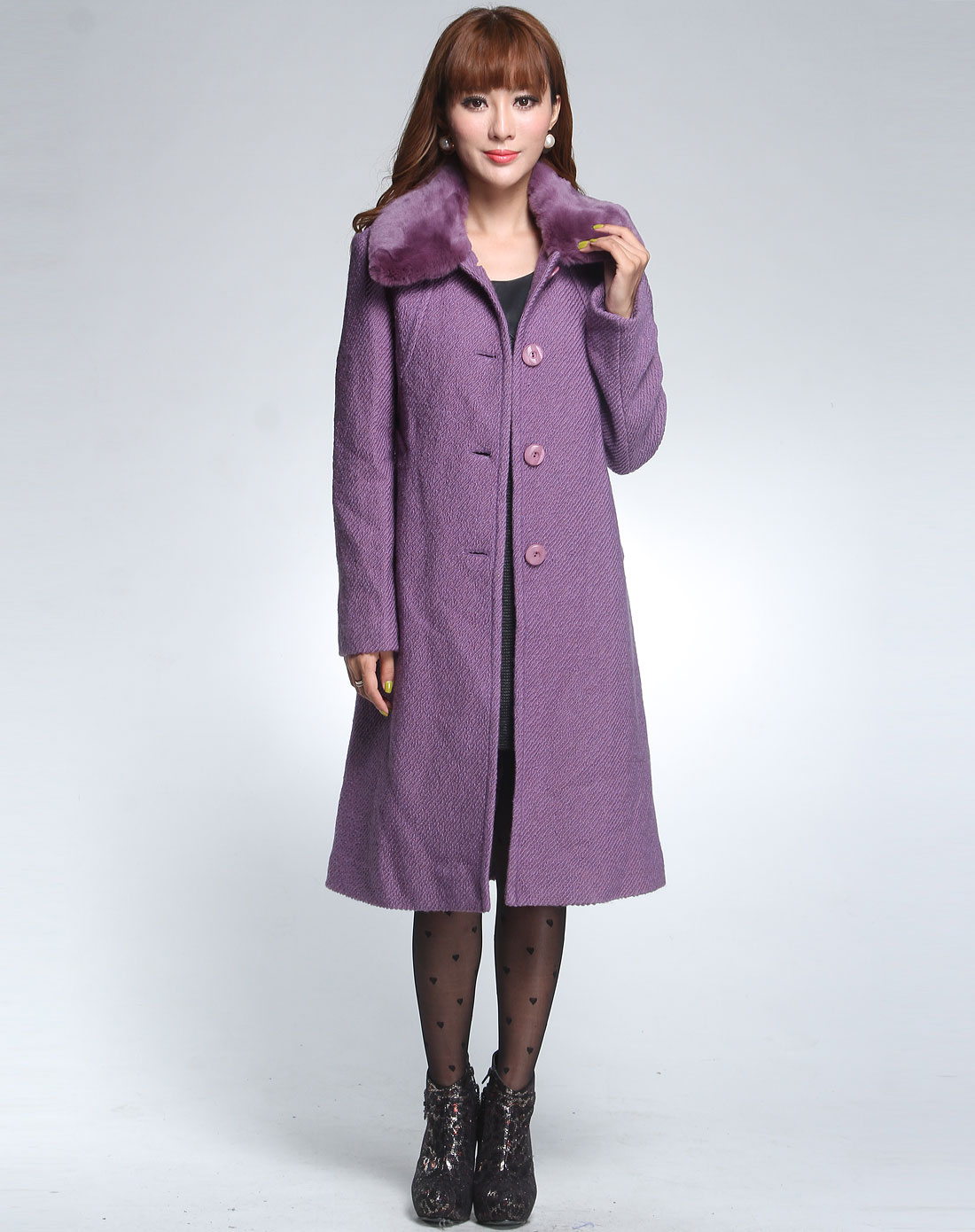 紫色毛领休闲长袖大衣