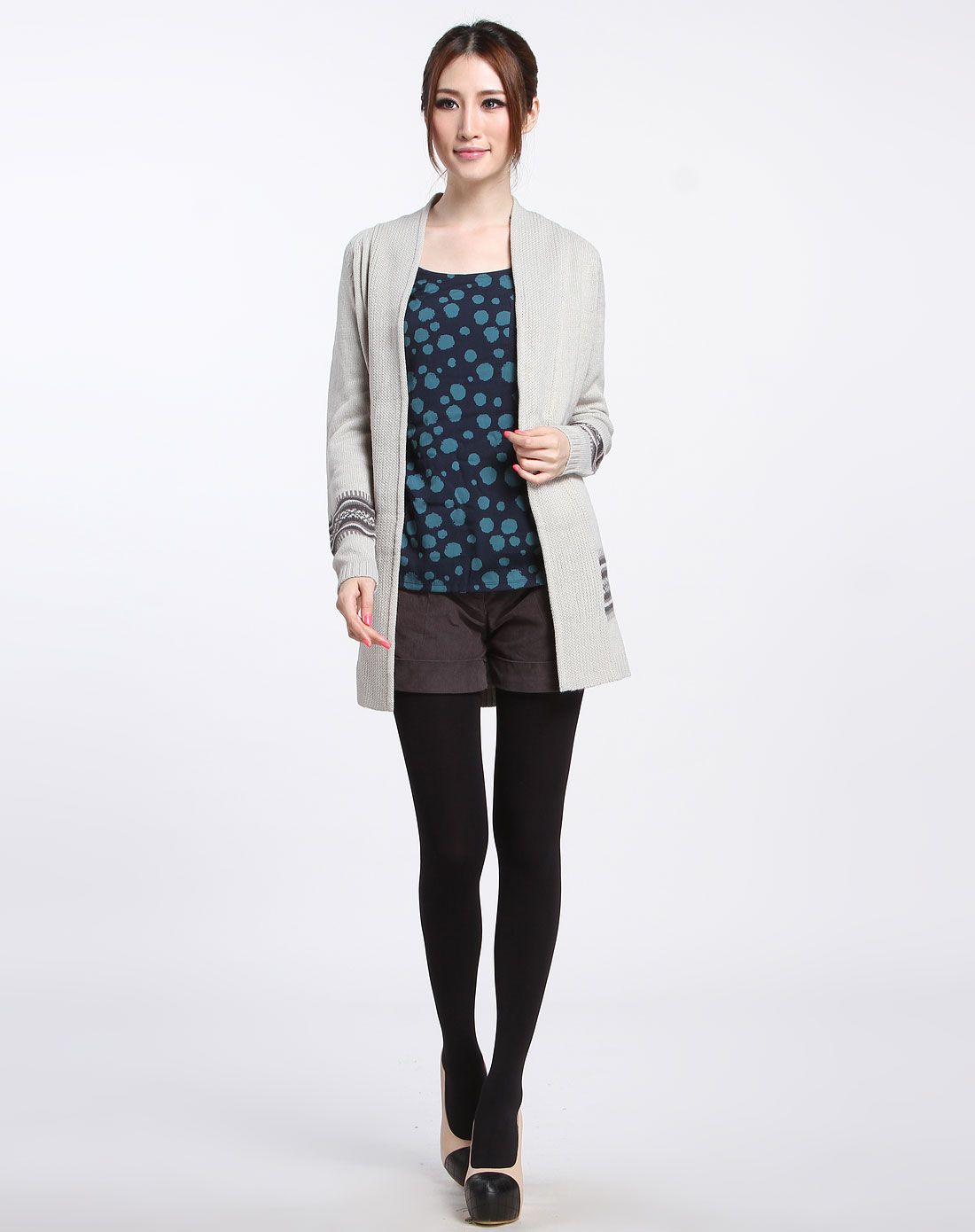 乐都特LA REDOUTE浅灰色<em>提花长款</em>长袖<em>针织</em>