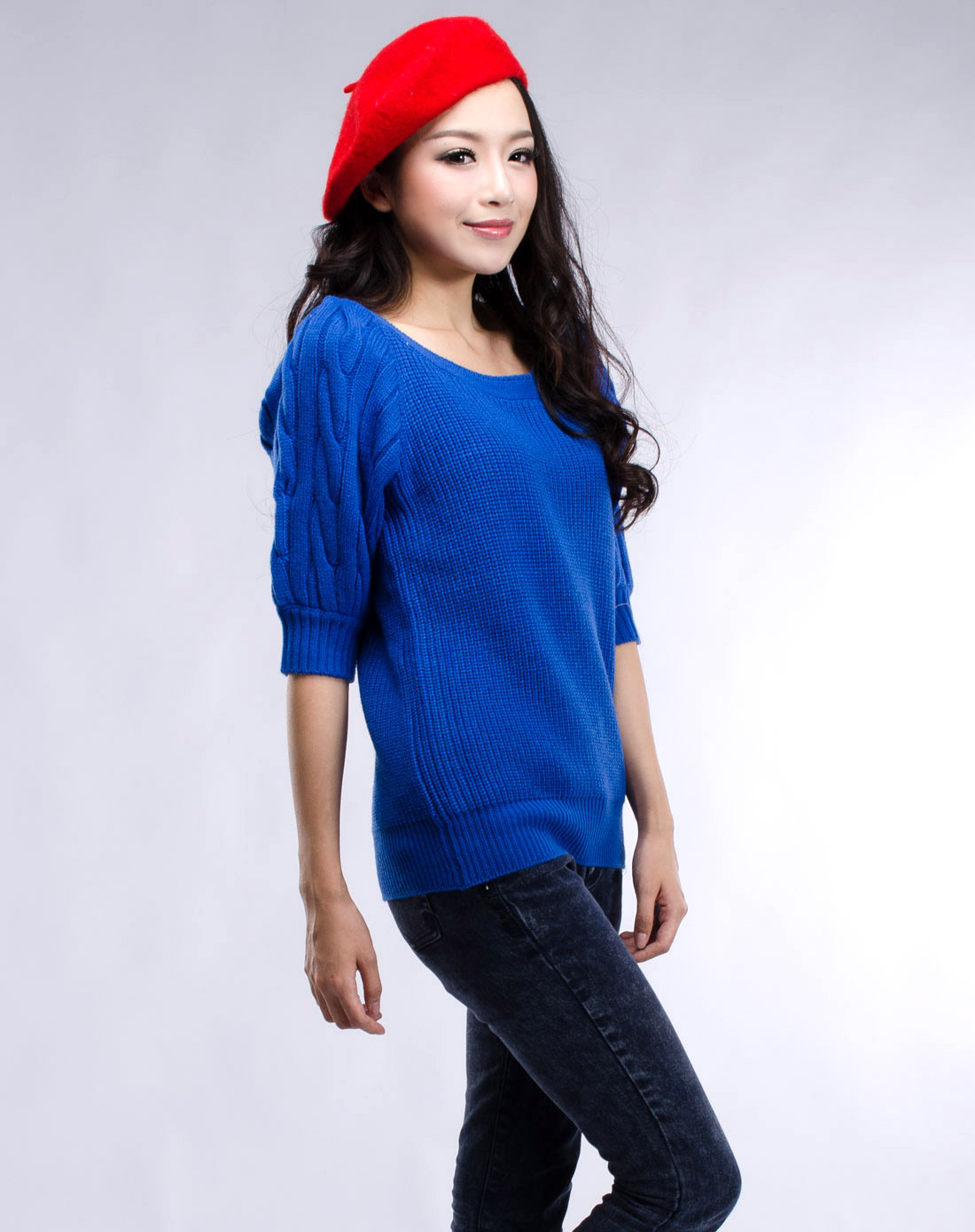 艾金诺USS AZINO-<em>宝蓝色</em>圆领元宝针中<em>长款毛</em>