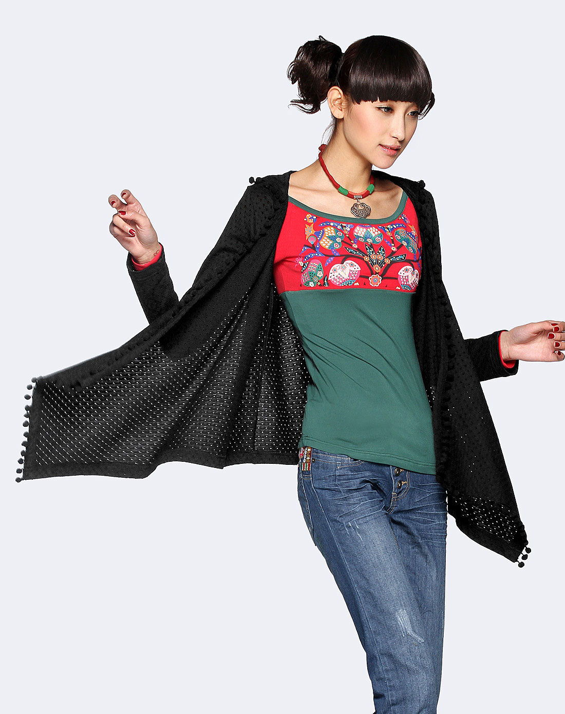 裂帛黑色<em>女装</em>网眼布<em>开衫短外套</em>21120005020