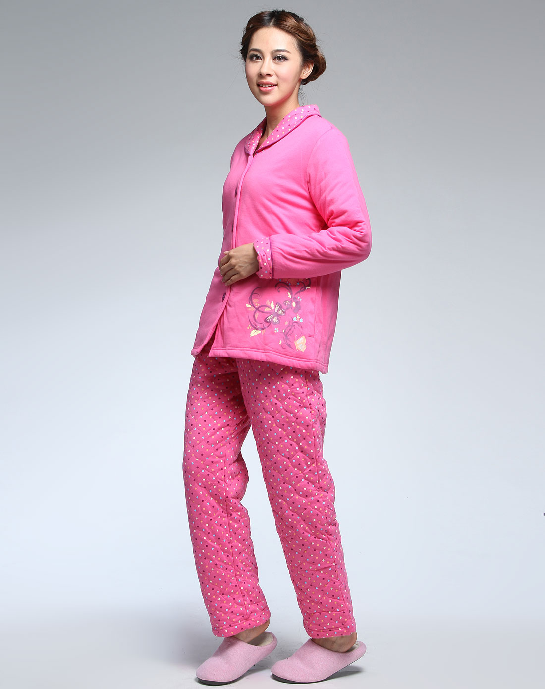男女Co<em></em>nLIA 女款桃红色翻领印图长袖棉<em>睡衣</em>套