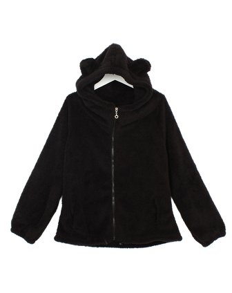 舍HSTYLE女上装专场女款黑色连帽<em>抓绒开衫</em>卫