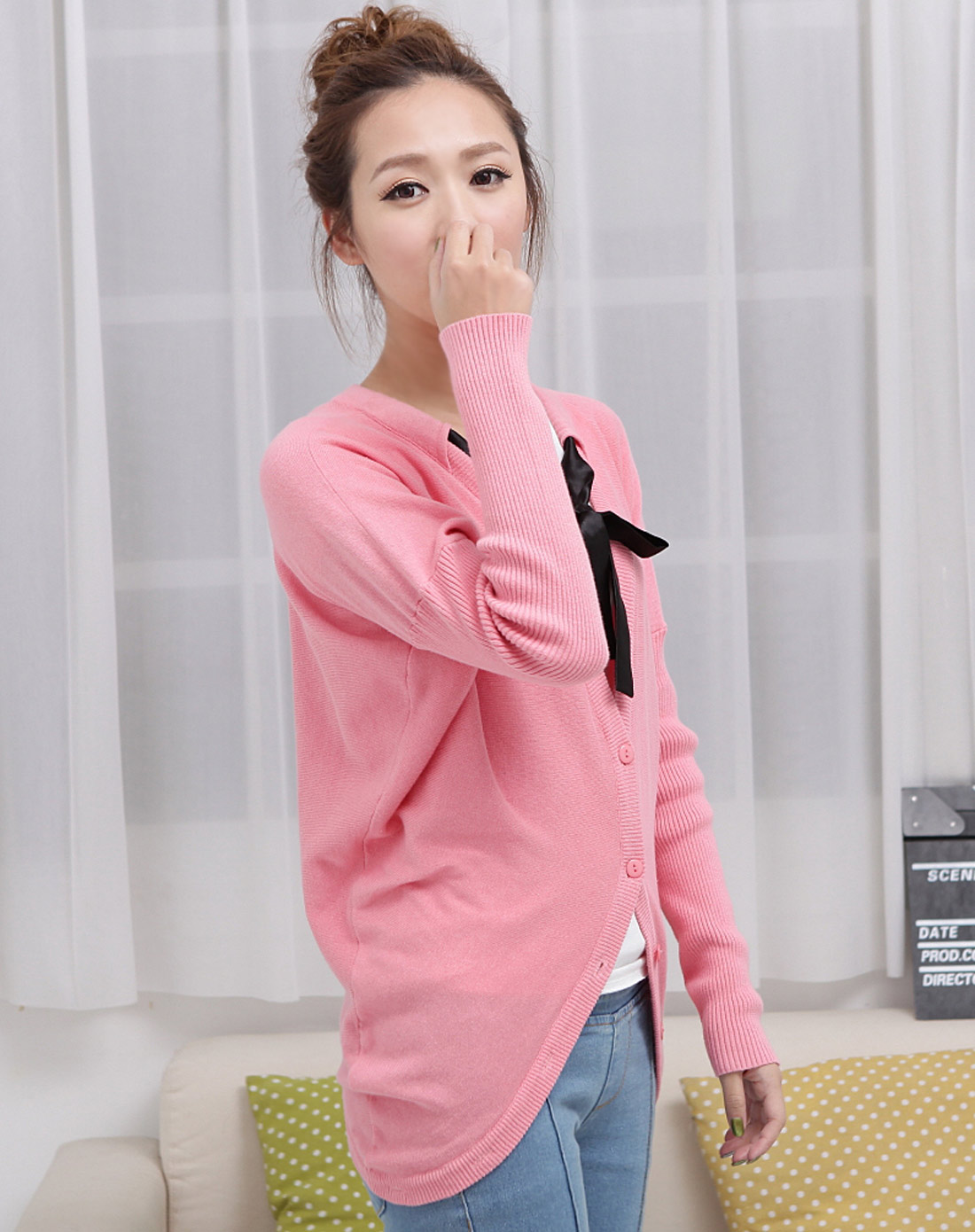 韩都衣舍HSTYLE女<em>上装</em>专场<em>女款</em>粉色纯色<em>开衫</em>