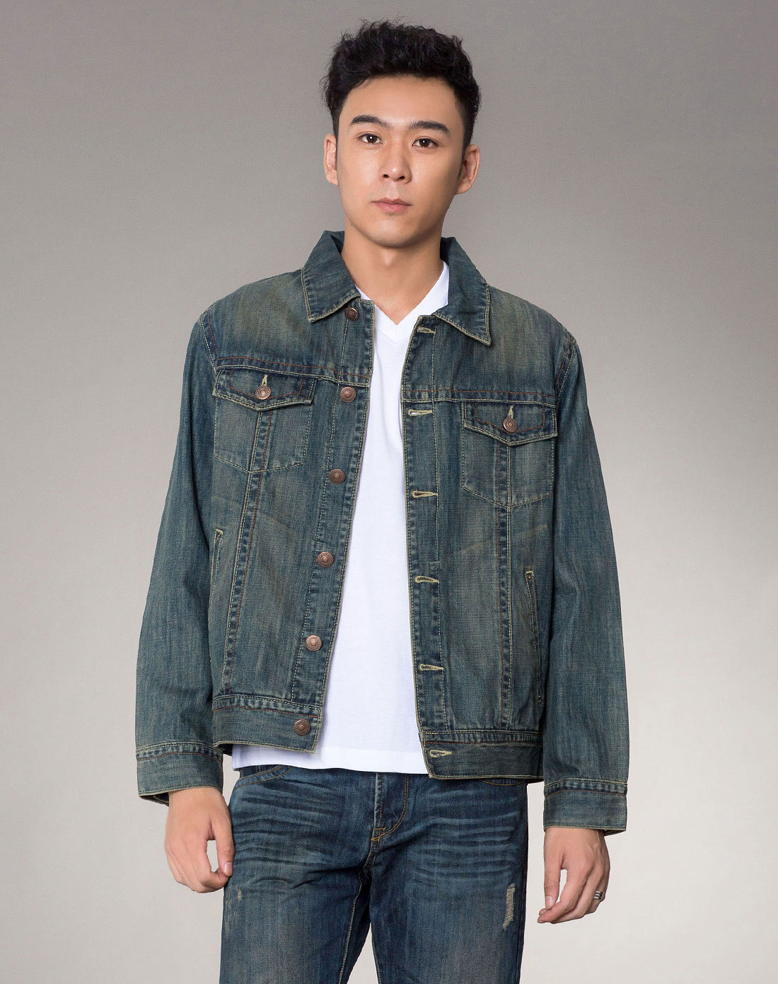 韩国进口男女装NII <em>男款</em>深蓝色时尚长袖<em>牛仔外</em>
