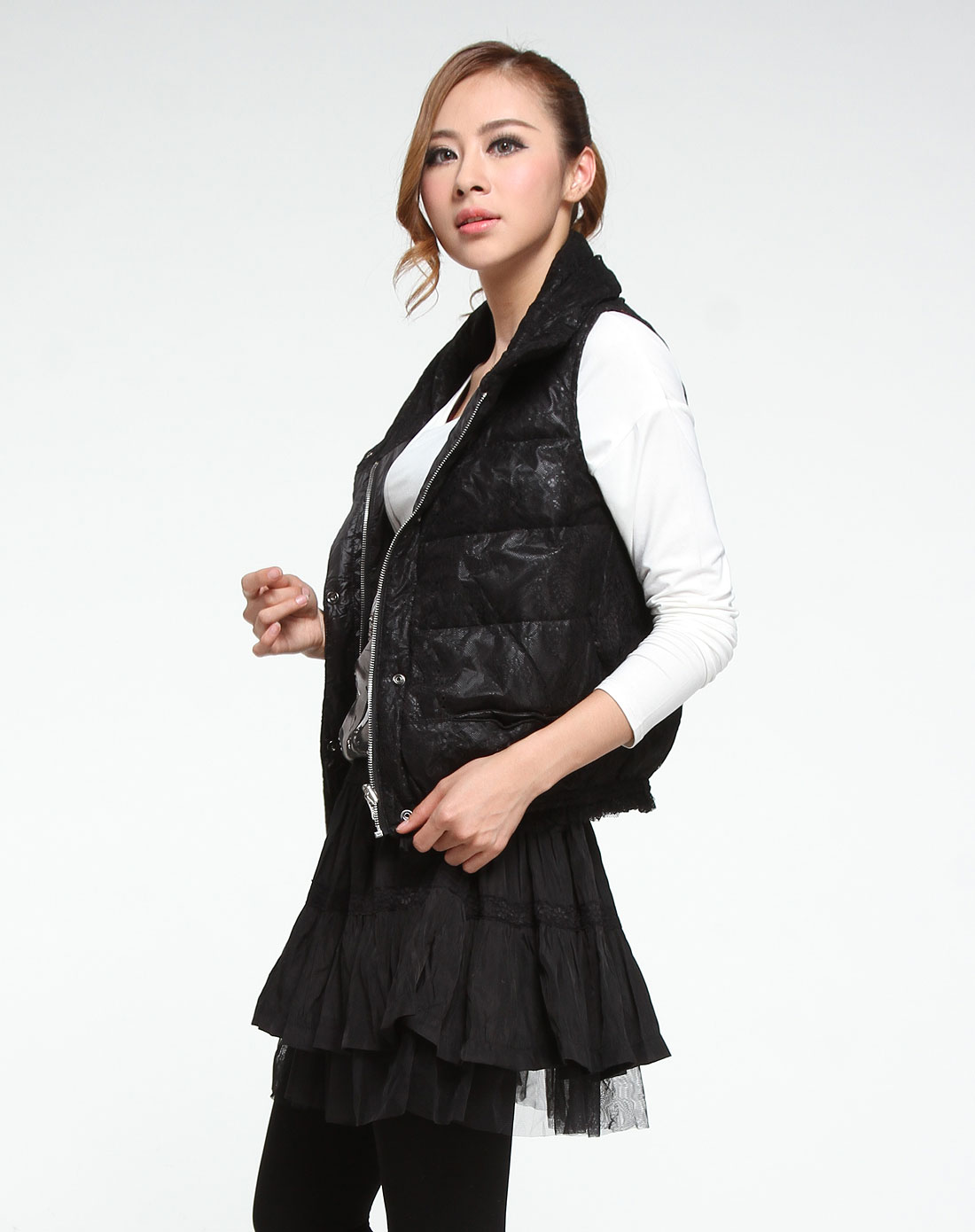 艾米拉AIMILA黑色立领蕾丝拼贴两面<em>穿羽绒马</em>