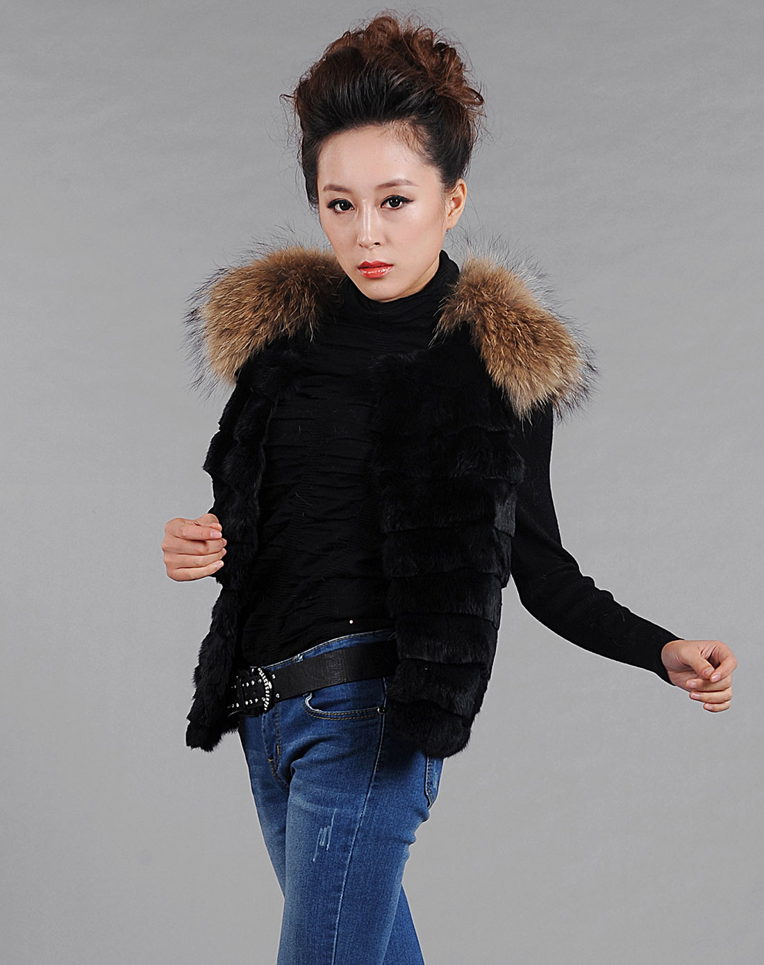 LASSICS STORY皮草专场黑色貉子<em>毛领短款</em>兔