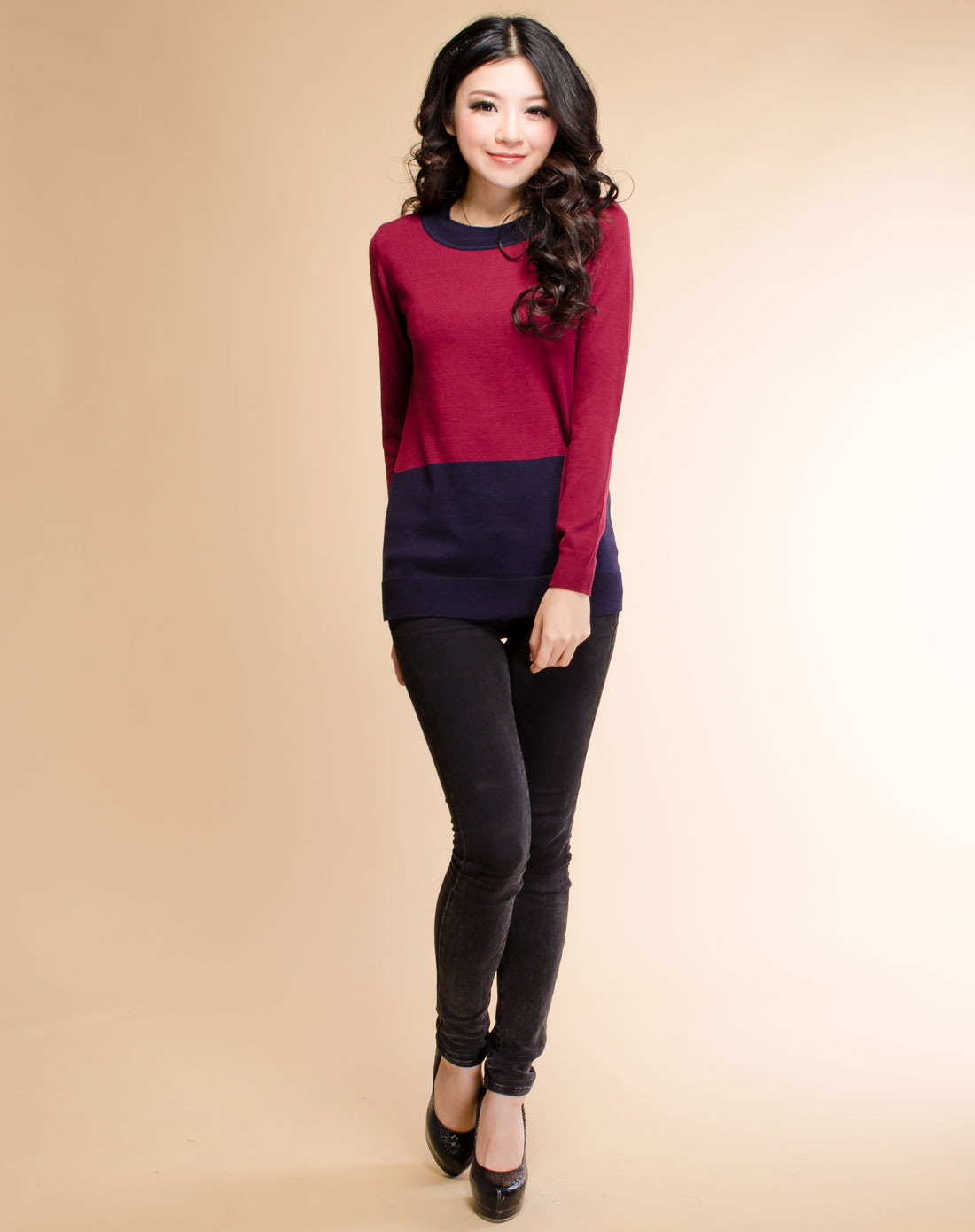 艾金诺USS AZINO-红色拼接<em>时尚款毛衣</em>2A592