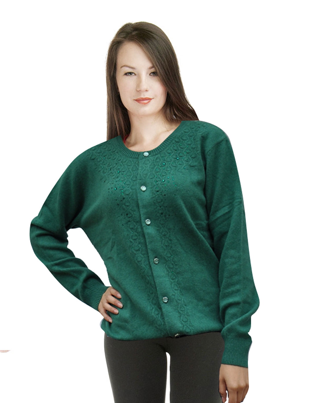 维多利Weiduoli男女妈妈装绿色圆领<em>羊绒开衫</em>3