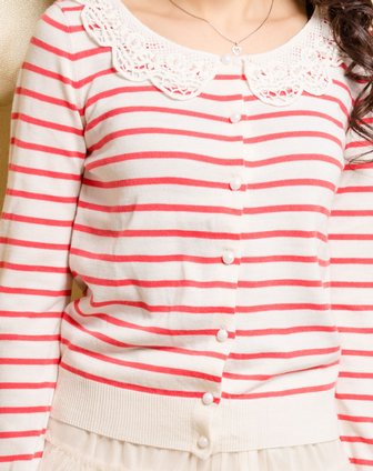 艾金诺USS AZINO-红白色<em>花边领毛衣开衫</em>2A0