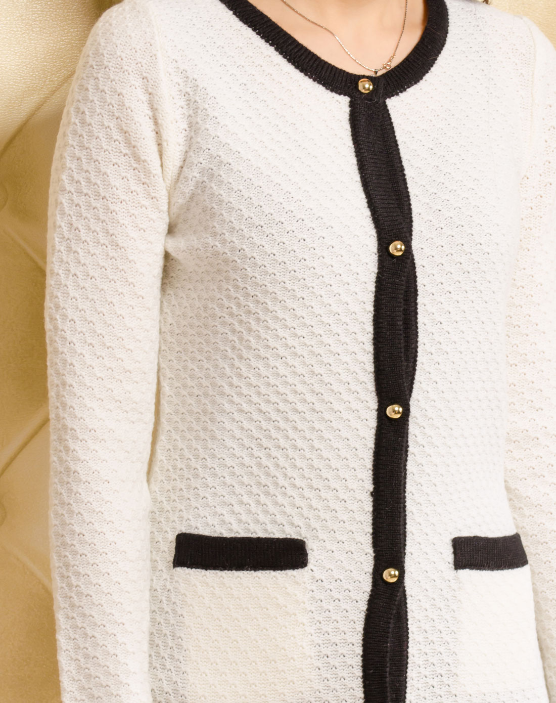 azino-黑白色桂花<em>针</em>淑女<em>长款开衫</em>毛衣2a