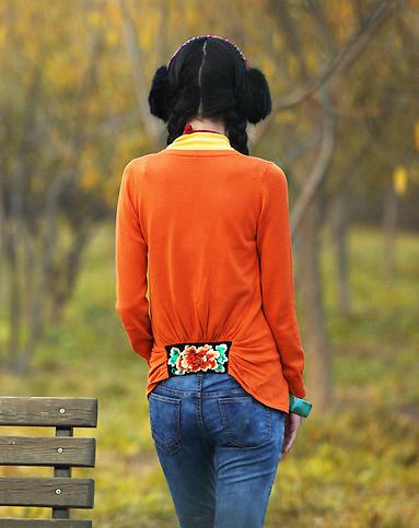 裂帛秋冬新款橘黄假<em>两件</em>绣花针织衫<em>开衫外套</em>2