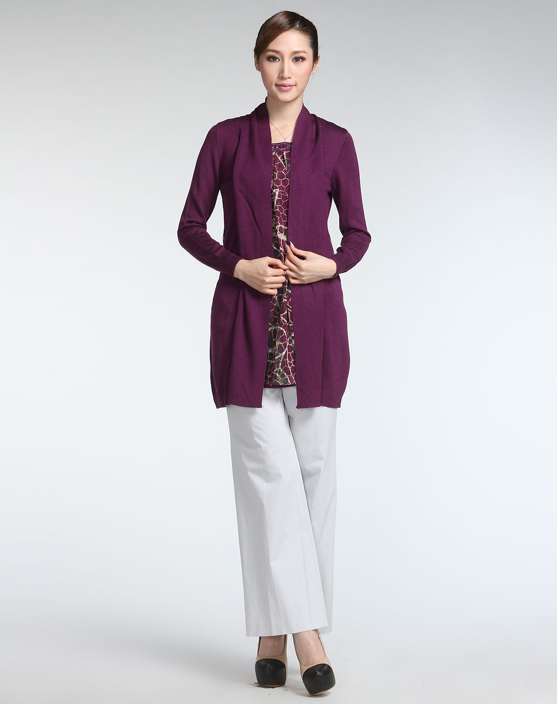 <em>凯撒</em>KAISER男<em>女装</em>女款紫色拼接印花假两件长