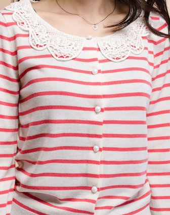 艾金诺USS AZINO-红白色<em>花边领毛衣开衫</em>2A0