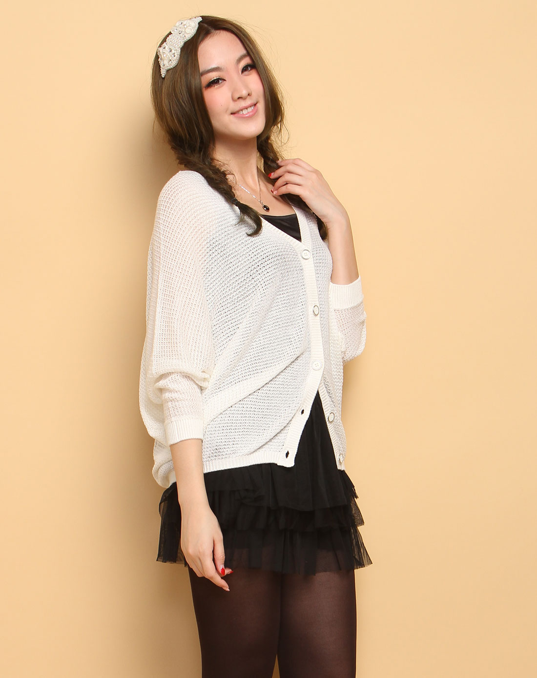卡莎布兰卡Casablank<em>米白色</em>镂空<em>蝙蝠</em>袖<em>针织开</em>