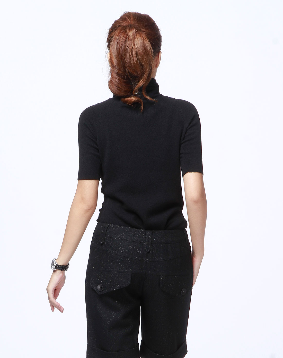 riche黑色高领简约短袖毛衣