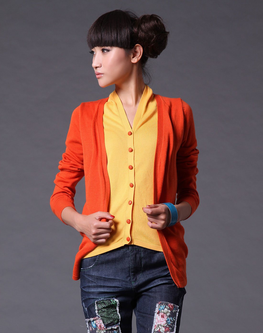 裂帛橘黄假两件<em>绣花针织衫开衫</em>外套24160093
