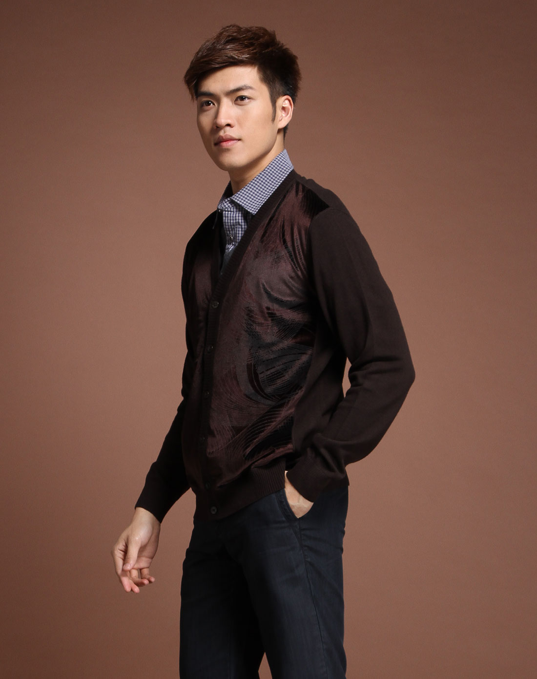 佛伦帝奴FLLORINTENO<em>深咖啡色</em>舒适长袖<em>开衫</em>