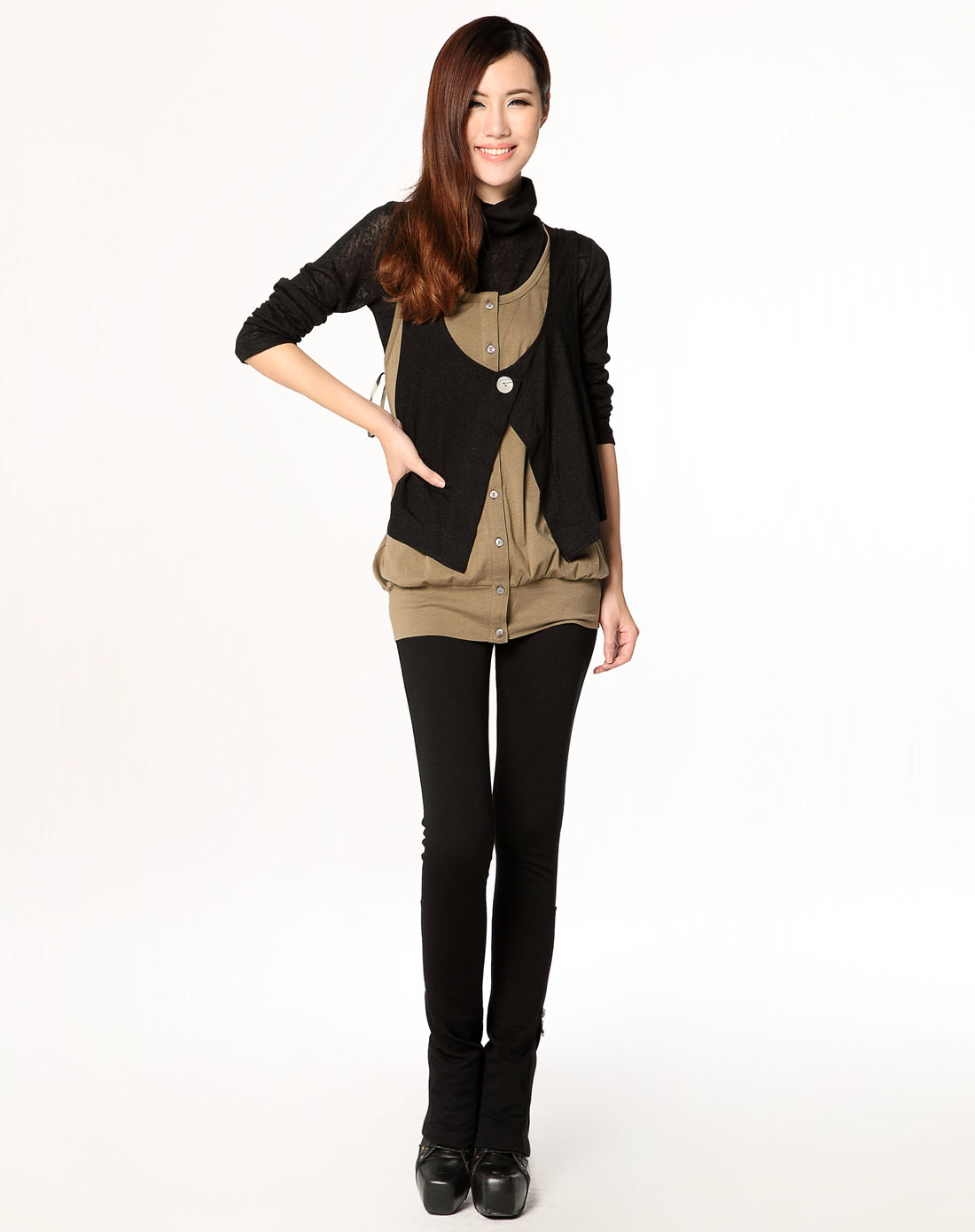 kopa橄榄<em>绿马甲</em>式假两件套无袖露肩上衣2010