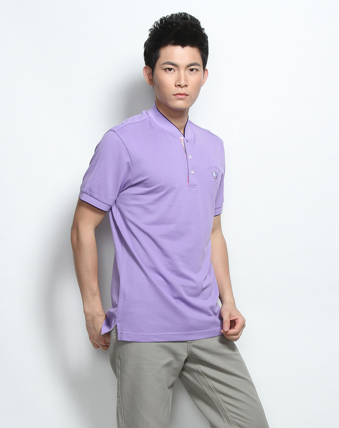 男款英伦时尚浅紫色简约立领短袖t恤