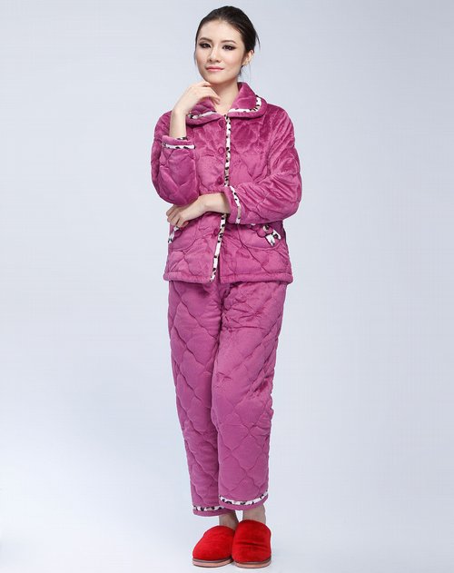 金利来紫/白色毛绒镶边家居长袖<em>睡衣套装</em>_唯品