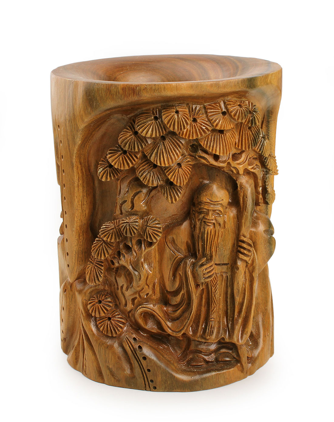 悦木之源天然绿檀精雕长寿翁松延年笔筒摆件