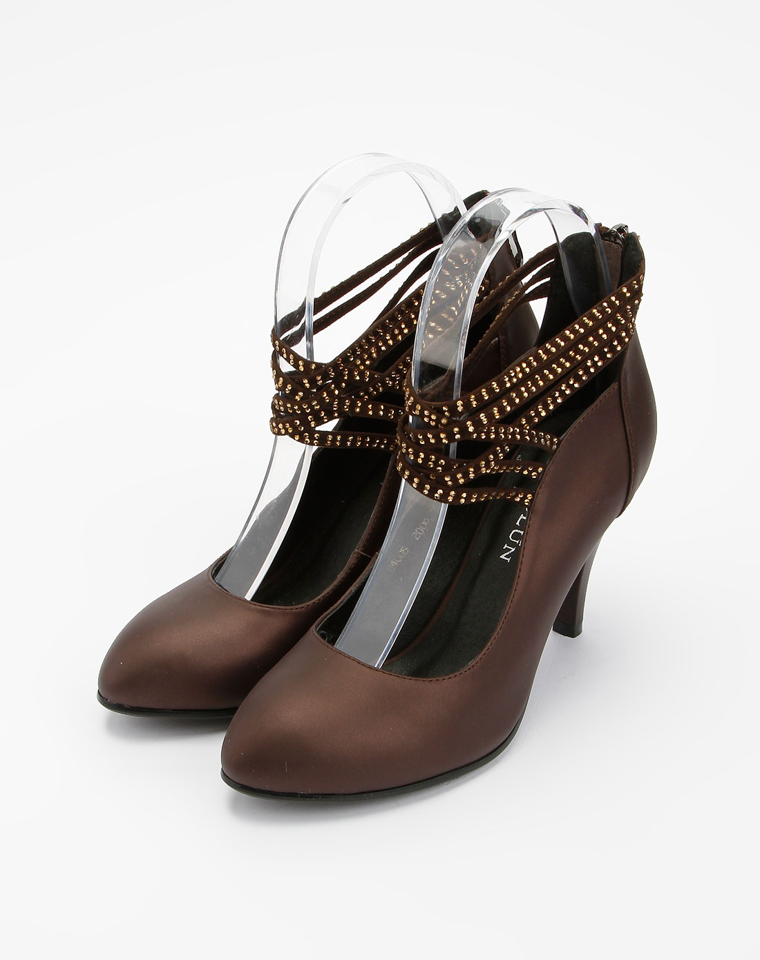 澳伦aolun女鞋专场棕色贴仿钻后拉链高跟鞋