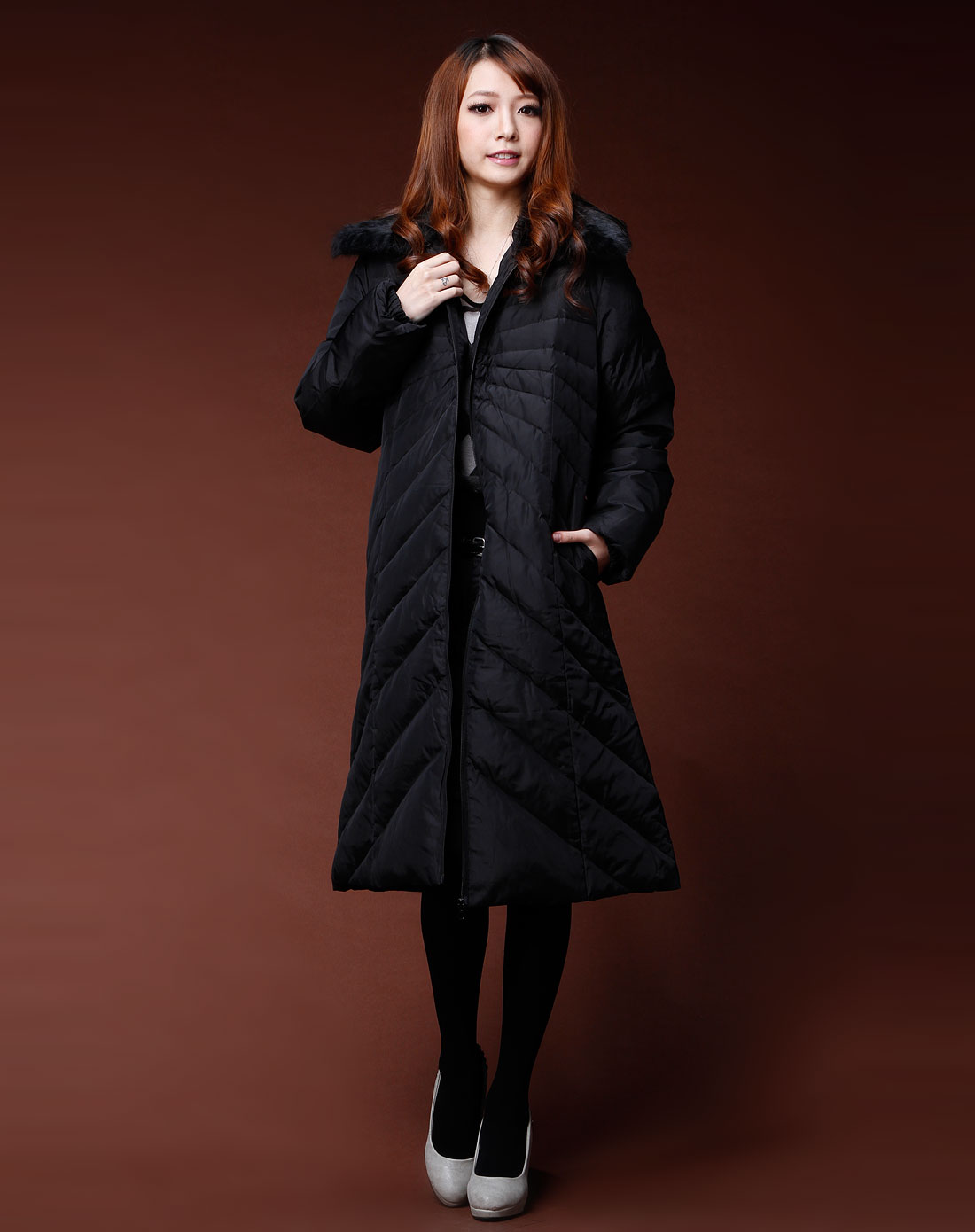 纳帕佳lapar黑色时尚毛领长款长袖外套