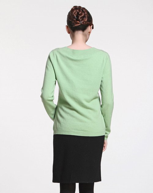 圣雪绒 女款浅草绿色素面舒适100%山羊绒长袖针织衫