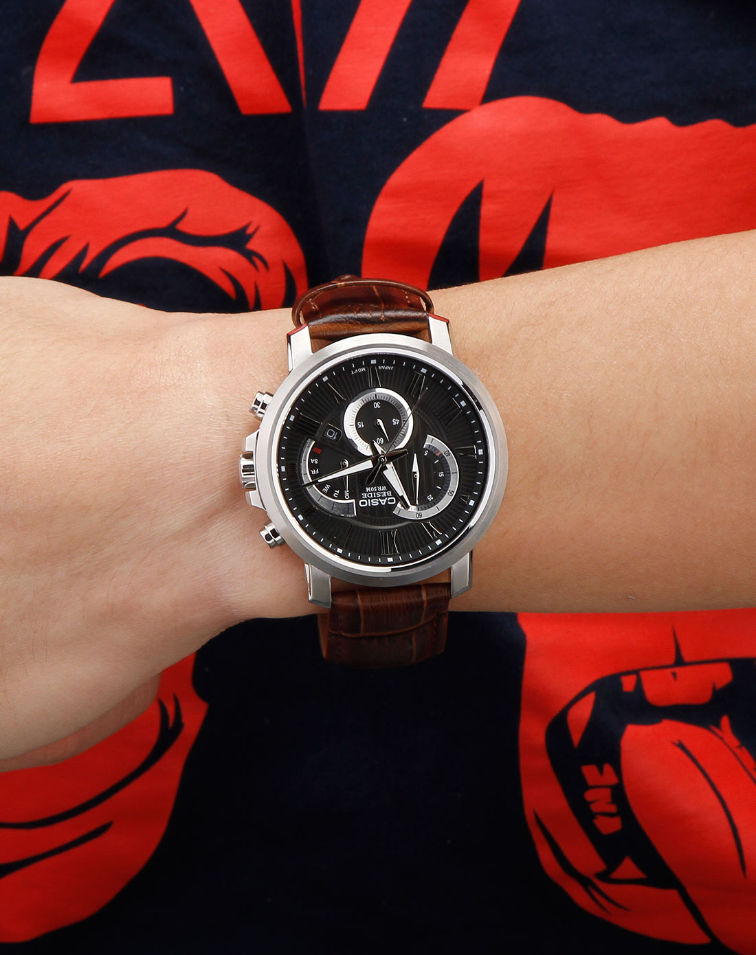 卡西欧casio男款beside系列啡/黑色压纹典雅魅力皮带石英表