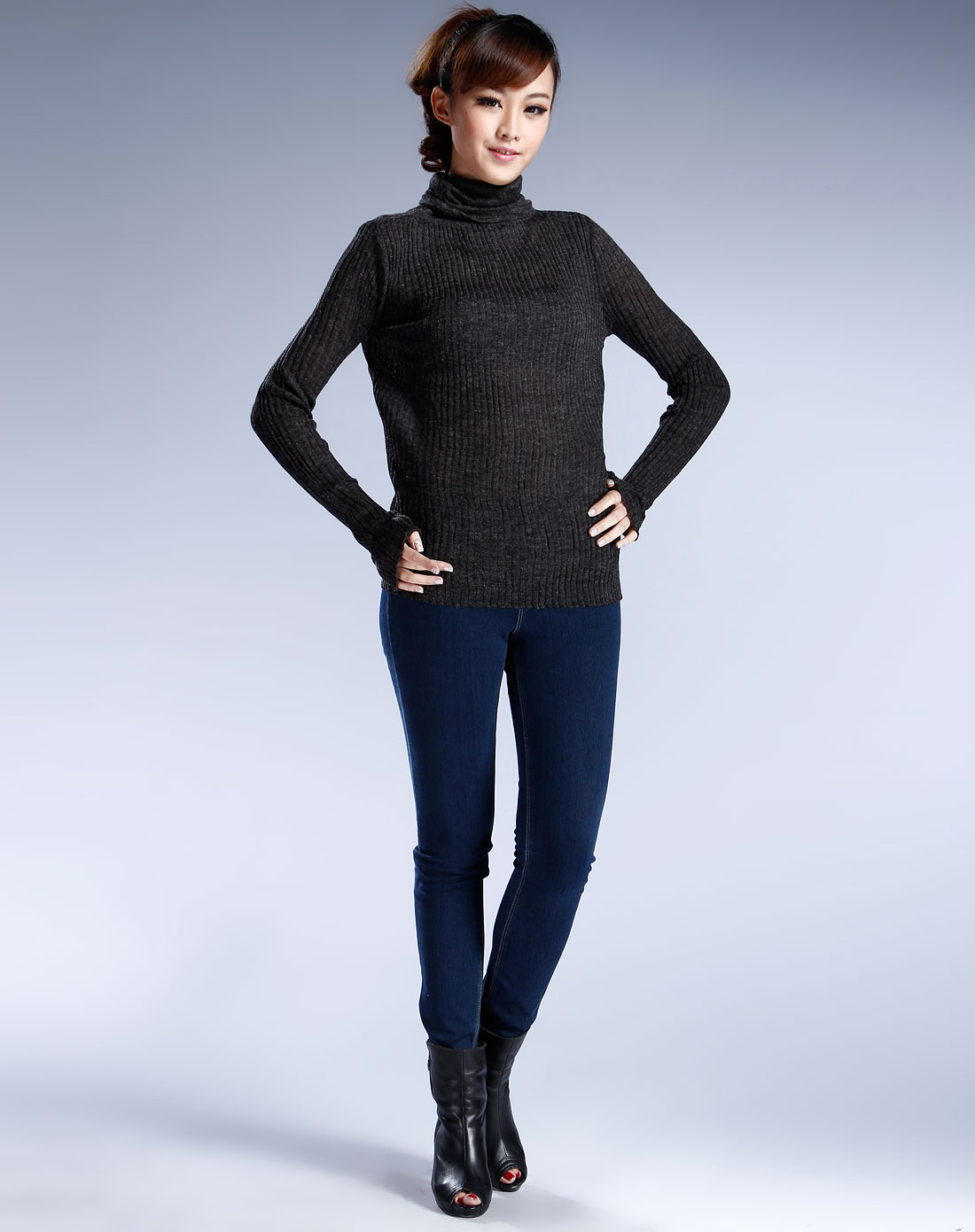 艺蔓yiman黑灰色简约长袖针织衫