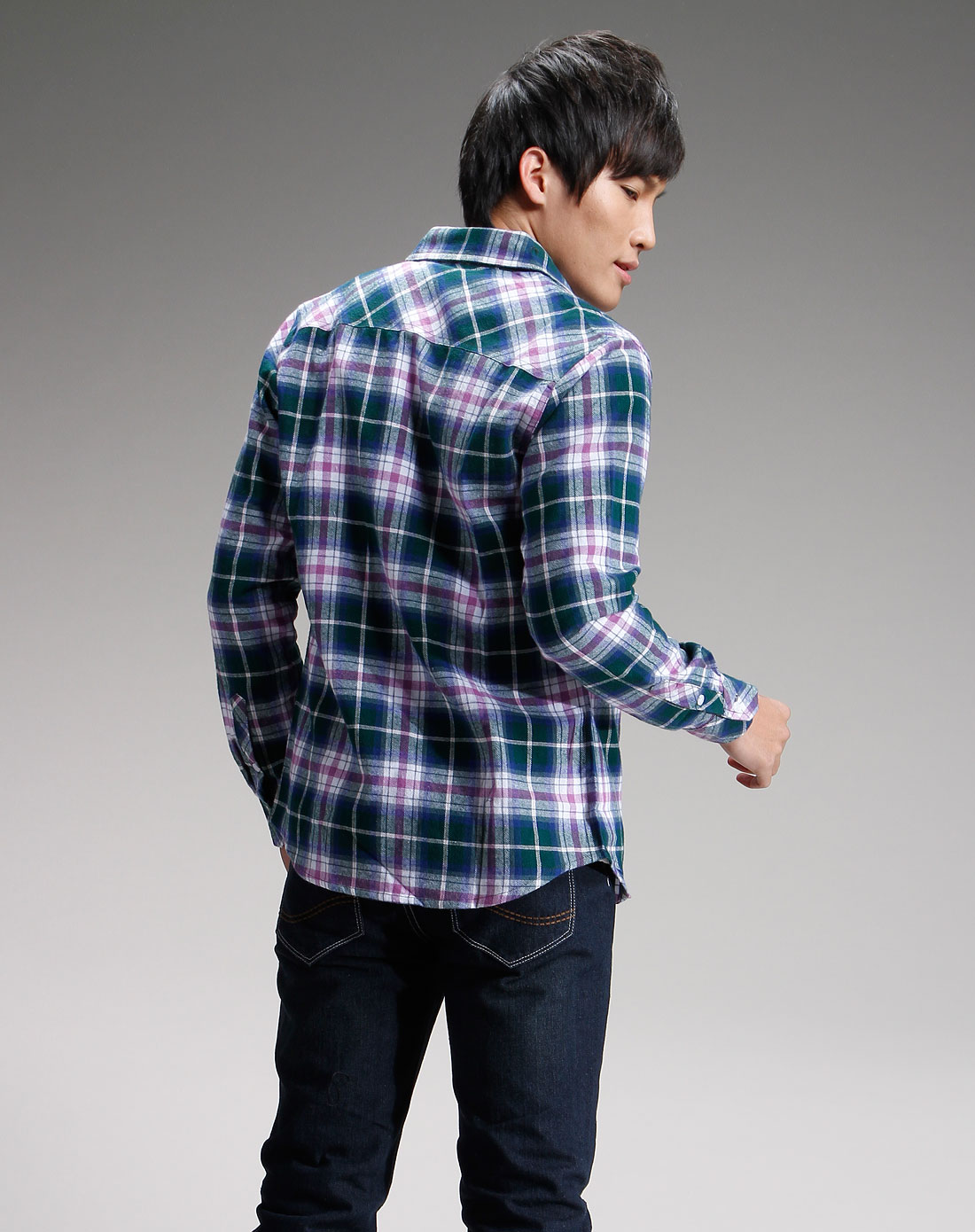 鎏恒色old&new 男款绿色格子长袖衬衫