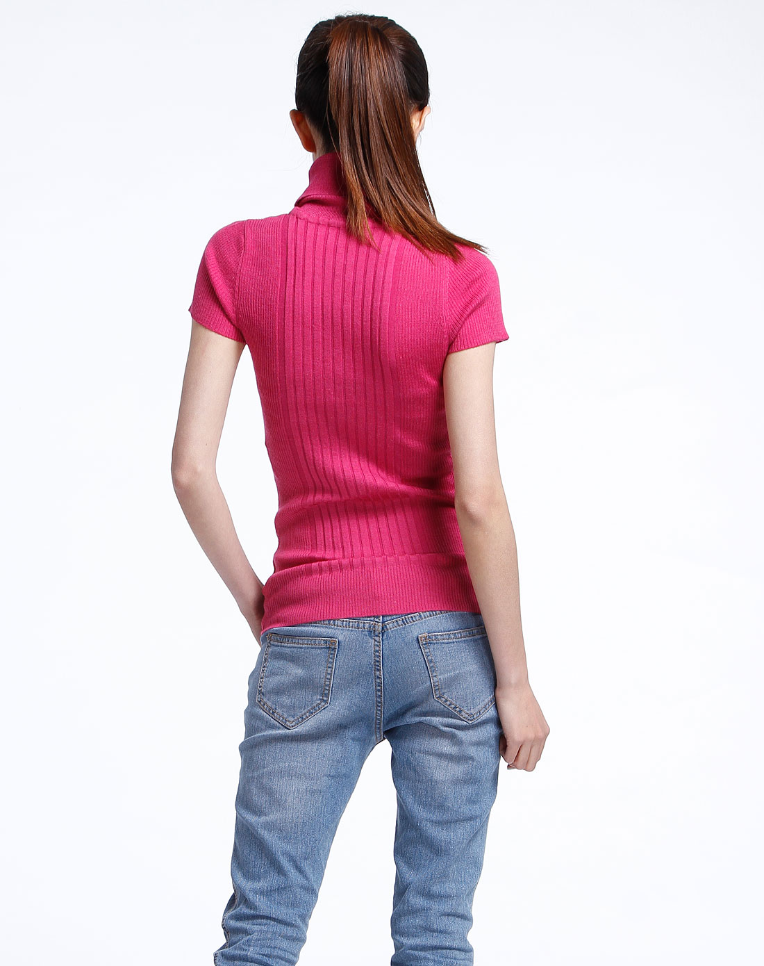 艾衣人take-it女款玫红色高领简约短袖针织衫