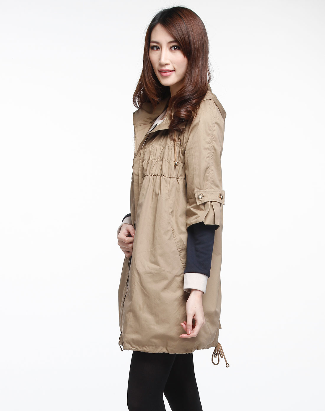 海贝ihappy女装专场黄褐色时尚中袖长款风衣