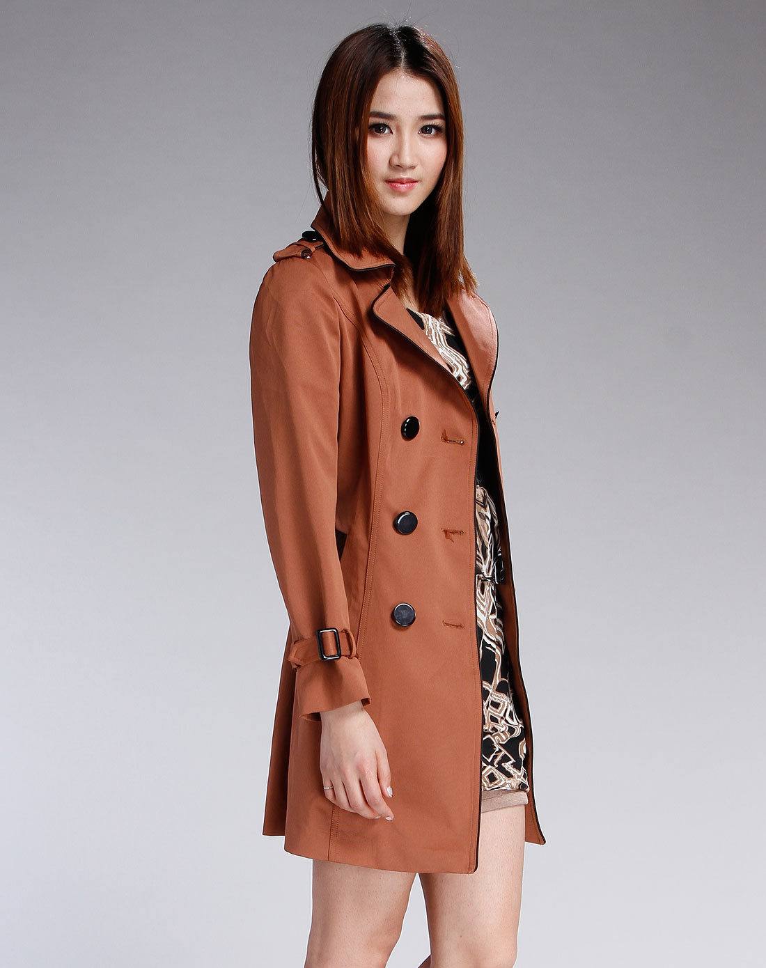 伊莎贝拉isbl女款咖啡色翻领双排扣长袖风衣