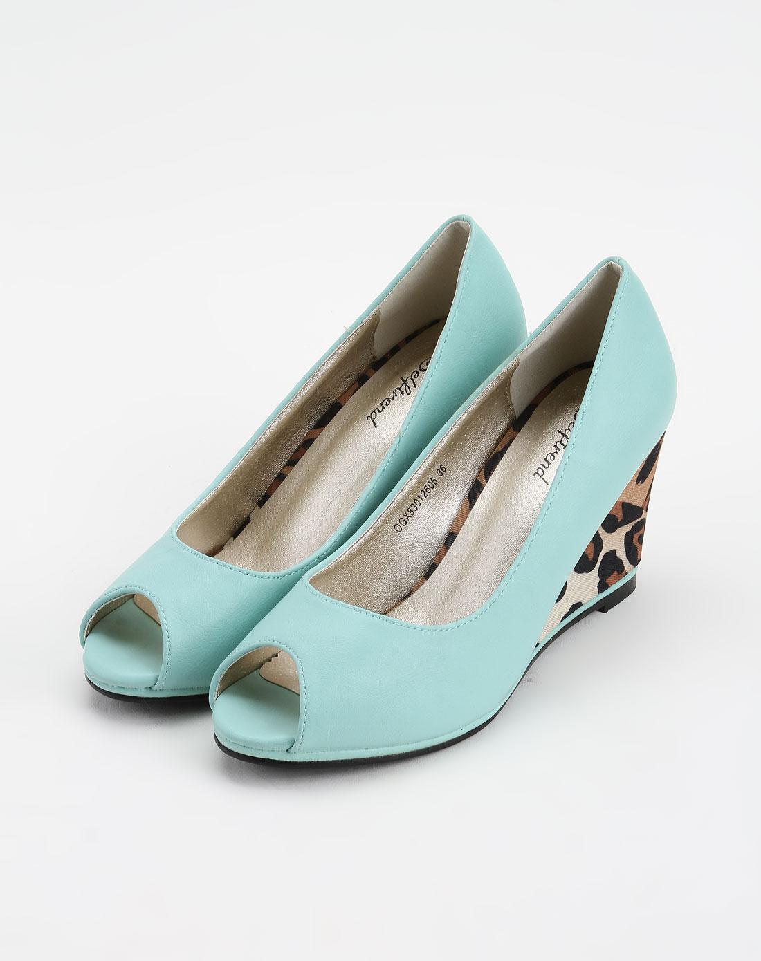 涉趣selftrend粉蓝色豹纹鱼嘴坡跟单鞋