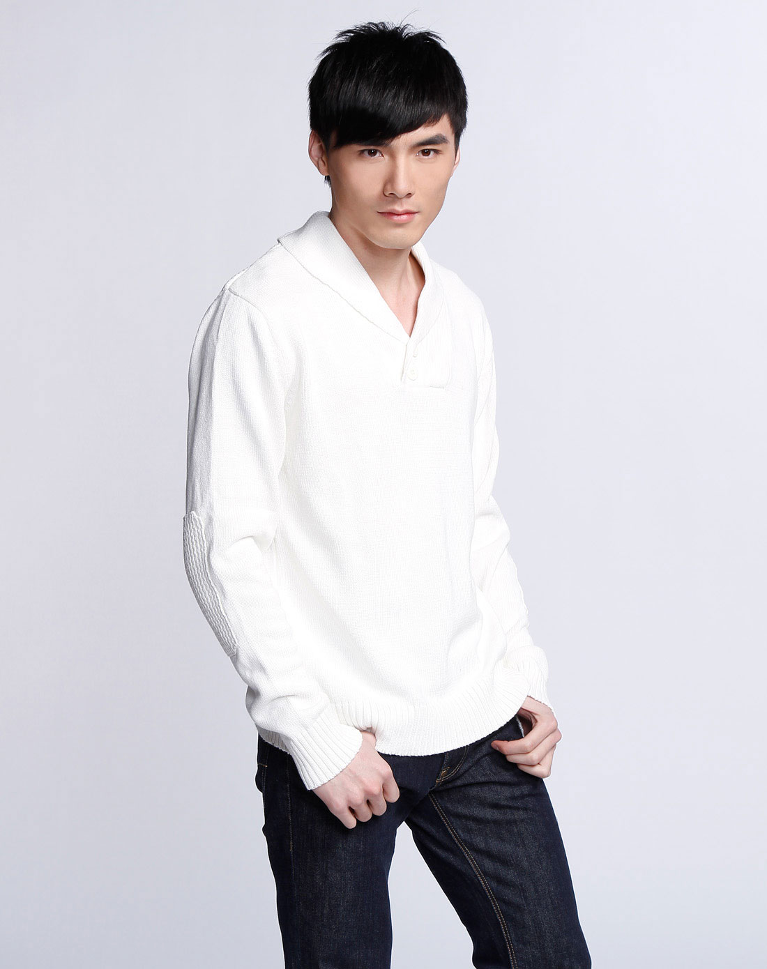 fox专场男款纯白色翻领长袖针织衫