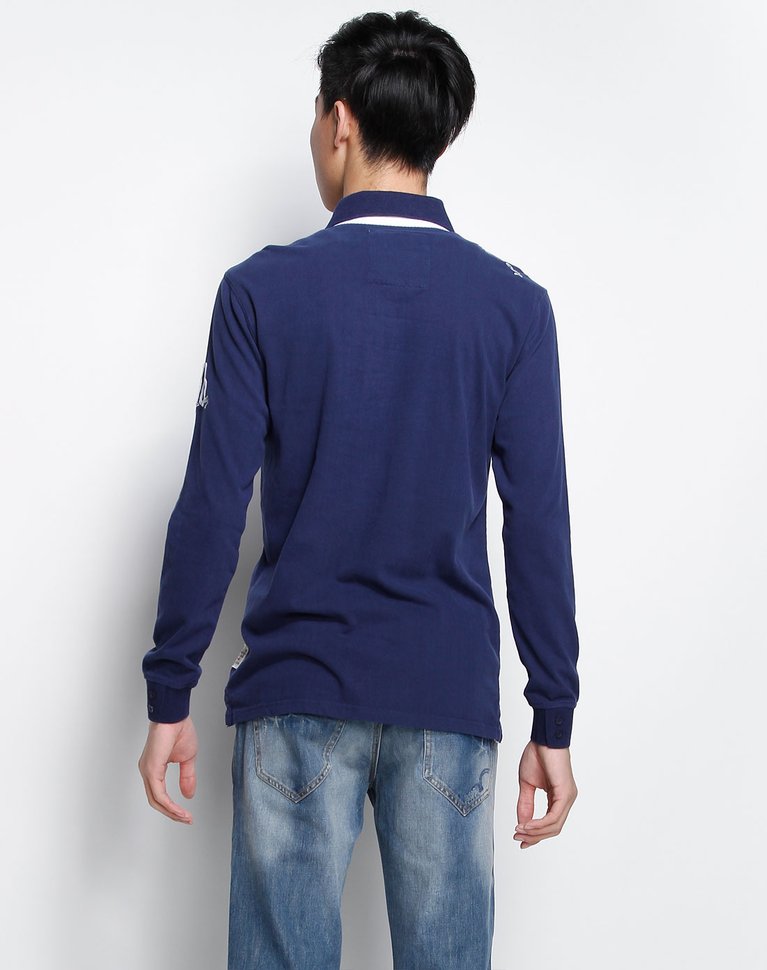 海道客男装藏青色翻领休闲长袖t恤