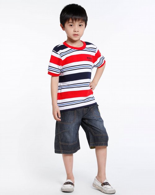 梦特娇montagut童装男童红/白/深蓝色圆领短袖上衣